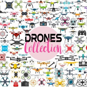 Puede incluir: Una colección de ilustraciones de drones coloridos en varios estilos y diseños. La imagen presenta una variedad de drones, incluidos cuadricópteros, hexacópteros y octópteros. Los drones se representan en una variedad de colores, incluidos rojo, azul, verde, amarillo y negro. La imagen también incluye el texto "DRONES COLLECTION".