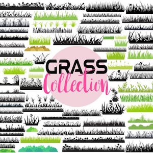 May include: A collection of 40 black and white silhouette images of different types of grass. The images are arranged in rows and labelled "GRASS COLLECTION".