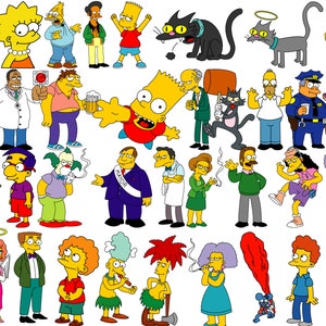 May include: A collection of cartoon characters from The Simpsons animated television series. The characters are in various poses and outfits, including Bart Simpson, Homer Simpson, Lisa Simpson, and others. The image is colorful and features a white background.