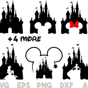 Paquete castillo svg, princesa svg, imágenes prediseñadas del castillo, ratón Mickey cabeza de corazón, reino mágico svg, archivos cortados para silueta cricut