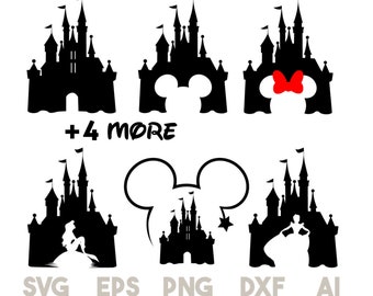 Paquete de svg de castillo, svg de princesa, imágenes prediseñadas de castillo, ratón Mickey de cabeza de corazón, svg de reino mágico, archivos cortados para silueta de cricut