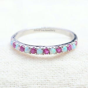 Opal & Ruby Wedding Band, Whimsical Opal and Ruby Wedding Band - Perfect for Stacking or as a Gift&quot;, Multi Birthstone Ring, Christmas Gift