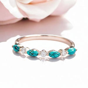 turquoise wedding band women Vintage moissanite half eternity white gold marquise cut wedding band match Stacking diamond band gift for her