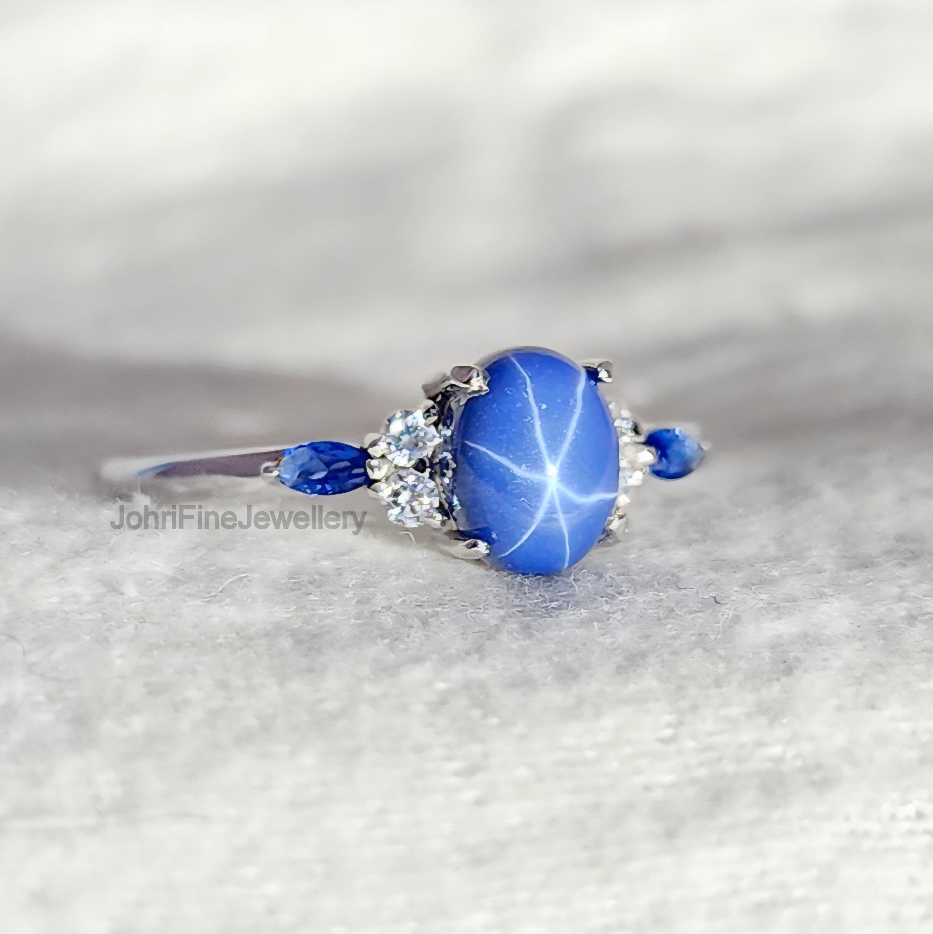 ヴィンテージ スター サファイア 天然ダイヤモンド 925 シルバー リング ヴィンテージ ブルー リンディ スター リング、ブルー スター