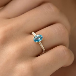 Natural Swiss Blue Topaz Ring 14K Gold Gemstone Engagement Ring For Women - Promise Ring November Birthstone Anniversary Gift For Her