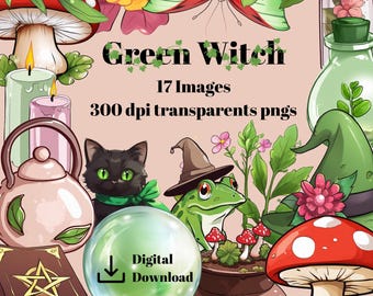Green Witch Digital Image Pack - Transparent PNGs 300 DPI - Instant Download