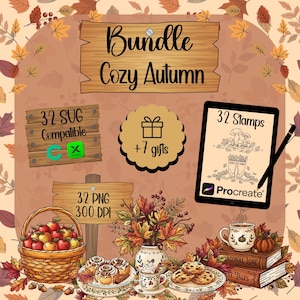 Peut inclure: Un ensemble de designs numériques intitulé Bundle Cozy Autumn comprenant 32 fichiers compatibles SVG, 32 fichiers PNG à 300 DPI et 32 tampons Procreate. L'image montre un panier de pommes, des roulés à la cannelle, une tasse, des livres et du feuillage.