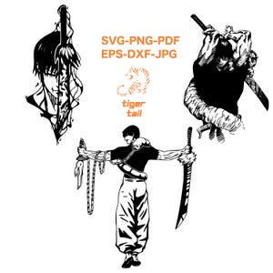 Puede incluir: Ilustraciones en blanco y negro de personajes de anime con espadas. La imagen incluye el texto "SVG-PNG-PDF EPS-DXF-JPG" y un logotipo de cola de tigre. Las ilustraciones son de estilo manga.