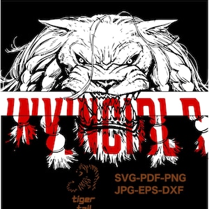 May include: A striking black and white illustration of a tiger's face, with the word "INVINCIBLE" in red. The image also features the text "tiger tail" and file type options: SVG-PDF-PNG, JPG-EPS-DXF.