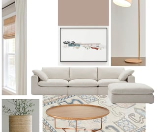 Interieurontwerpdienst | E-ontwerp op maat voor één kamer | Aangepast moodboard en boodschappenlijstje | Virtueel ontwerp | Woonkamerontwerp