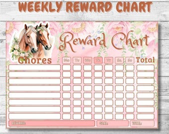 May include: A pink and white printable chore chart with a floral background and two brown horses with flowers in their manes. The chart has spaces for each day of the week and a total column. It also has spaces for a reward, goal, and total.