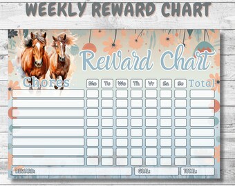 May include: A printable reward chart featuring two brown horses with floral accents. The chart is titled "Reward Chart" and includes a section for "Chores" and a weekly grid with days of the week labeled "Mo", "Tu", "We", "Th", "F", "Sa", "Su", and "Total".