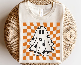 Karierte Gänseblümchen-Geist-Svg, Blumengeist-Umriss-Svg, Karierte Halloween-Svg, Geist mit Blumen svg, Gruseljahreszeit-svg, Retro-Halloween-Svg