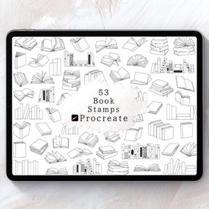 May include: A digital tablet displays 53 book stamps in black and white. The stamps feature various book designs, including open and closed books, stacks of books, and book spines. Text on the screen reads "53 Book Stamps Procreate."