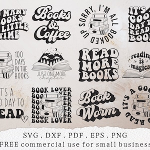 Buch Liebhaber Bundle svg, Offenes Buch mit Bergen svg, Nur noch ein Kapitel svg, Leselehrer svg, Bücher und Kaffee svg, Bücherwurm svg