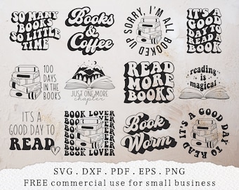 Boekenliefhebber bundel svg, open boek met bergen svg, nog één hoofdstuk svg, leesleraar svg, boeken en koffie svg, boekenwurm svg