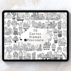 May include: A digital illustration of 70 black and white cactus stamps for Procreate. The stamps feature various cactus designs in pots.