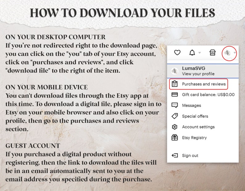 May include: A screenshot of a computer screen showing instructions on how to download digital files from Etsy. The instructions are for desktop computers, mobile devices, and guest accounts. The screenshot also shows a menu with options for purchases and reviews, gift card balance, messages, special offers, account settings, Etsy Registry, and sign out.