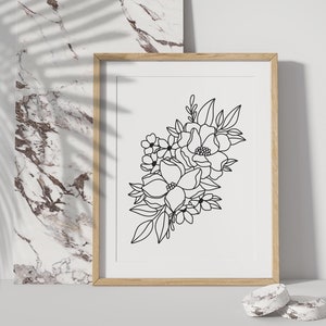 May include: A black and white line drawing of a floral bouquet with various flowers and leaves. The drawing is framed in a light wood frame and is displayed against a white background.
