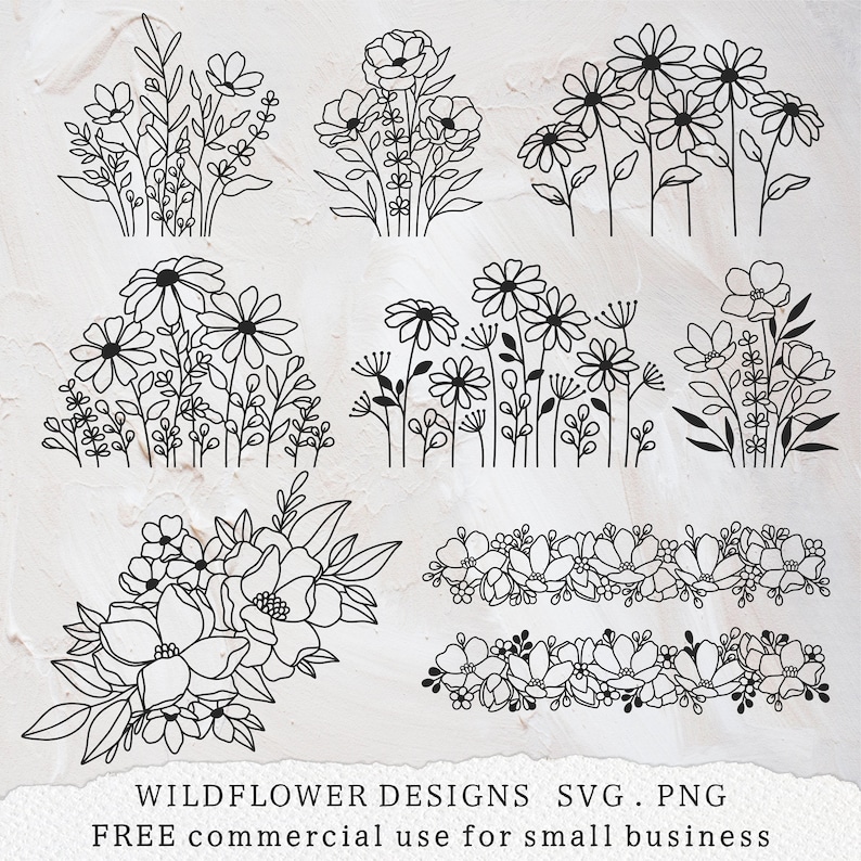 May include: A set of eight black and white line art illustrations of wildflowers. The illustrations are in a simple, minimalist style and feature various types of flowers, including daisies, wildflowers, and other floral designs.