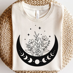 Lua floral svg, fase da lua svg, lua com flores svg, Boho celestial, lua e estrelas svg, flores silvestres svg, crescente svg, arte de linha esotérica
