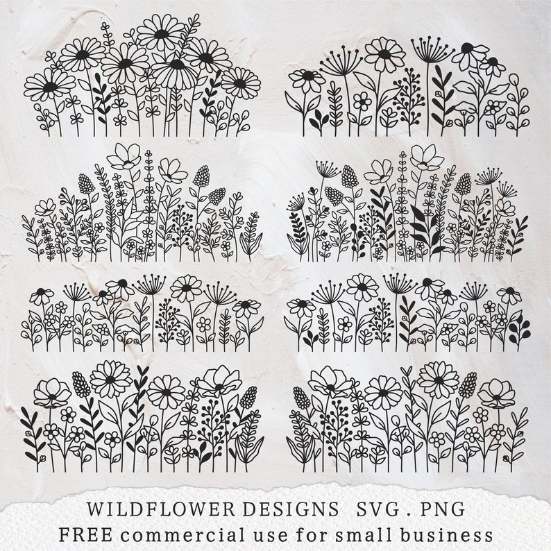 May include: Four rows of black and white line art wildflower designs. Each row features a different arrangement of flowers, leaves, and stems. The text "WILDFLOWER DESIGNS SVG. PNG FREE commercial use for small business" is at the bottom of the image.