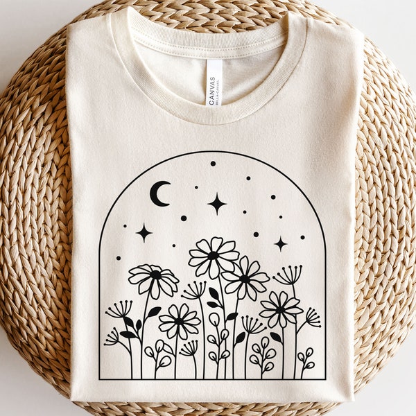 Wildflowers with moon and stars svg, Summer flowers svg, Boho celestial svg, Luna svg, Crescent moon svg, Botanical art svg, Plant lover svg