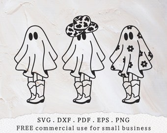 Cowboy spöke svg, Halloween prästkrage spöke svg, Flicka spöke svg, Western halloween svg, Cowboy stövlar svg, Ko tryck cowboyhatt svg, Blommigt spöke