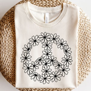 Sinal de paz margarida svg, Alma hippie svg, Camisa de planta Boho svg, Flor infantil svg, Amor da paz svg, Garota hippie, Arte de linha floral, Botânico svg