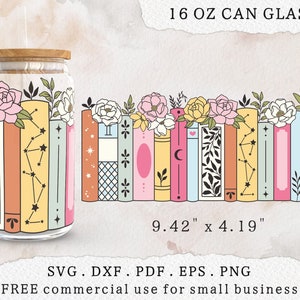 Libri floreali in formato SVG, libreria può avvolgere in vetro in formato SVG, libri celesti con peonie in formato SVG, involucro in vetro Libbey da 16 oz in formato SVG, adesivi per gli amanti dei libri png