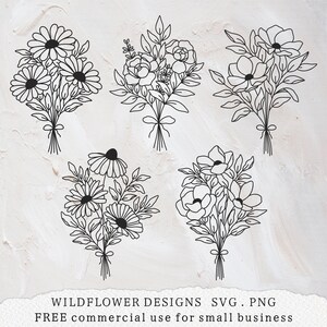 May include: Five black and white line drawings of different flower bouquets. Each bouquet is tied with a ribbon at the bottom. The bouquets are arranged in a grid pattern.