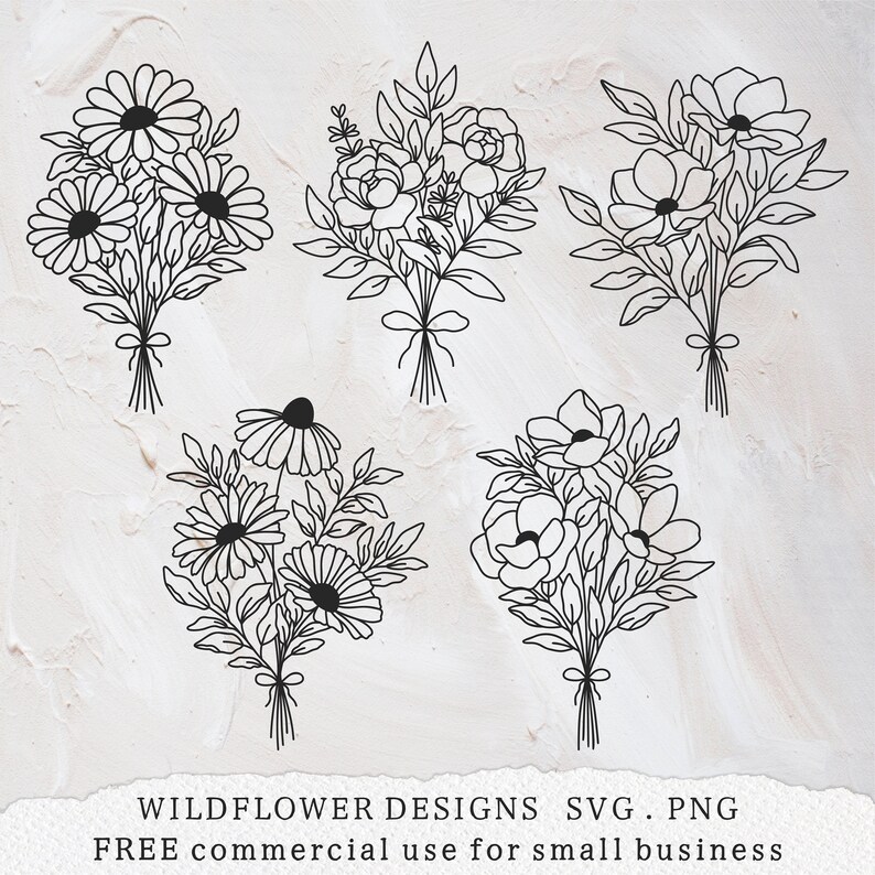 May include: Five black and white line drawings of different flower bouquets. Each bouquet is tied with a ribbon at the bottom. The bouquets are arranged in a grid pattern.