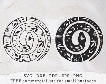 Celestial snake svg, Magic snake with moon phase svg, Mystical serpent clipart, Esoteric line art, Floral reptile shirt svg, Witchcraft svg