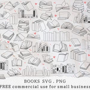 Może przedstawiać: Czarno-białe ilustracje książek w różnych stylach. Obraz zawiera otwarte i zamknięte książki, stosy książek i rzędy książek. Małe różowe serca są rozrzucone. Tekst na dole brzmi "BOOKS SVG . PNG".