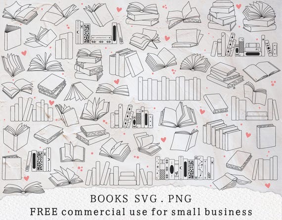 Open book outline svg, Books line art svg, Stack of books svg, In my book lover era png, Library designs, Bookshelf svg,  Reading is magical