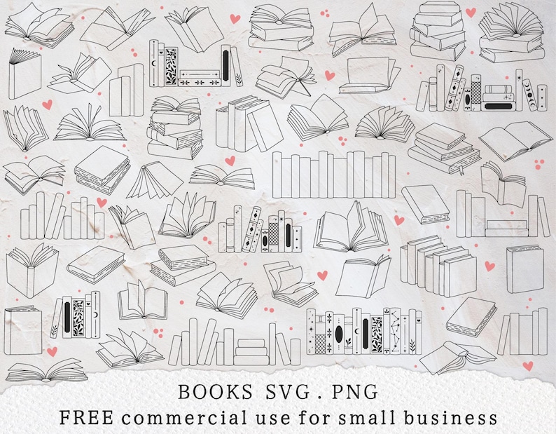 May include: A collection of line art illustrations of books in various styles. The image includes open and closed books, stacks of books, and rows of books. Small pink hearts are scattered throughout the design. Text at the bottom reads "BOOKS SVG . PNG".