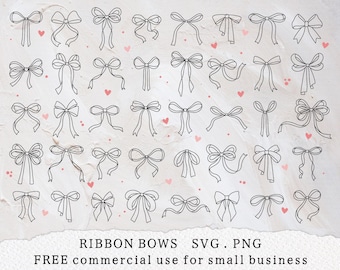 May include: A set of 36 black and white line art illustrations of ribbon bows. The bows are in various styles and sizes. The text "RIBBON BOWS SVG. PNG FREE commercial use for small business" is at the bottom of the image.