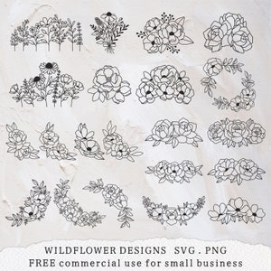 May include: A set of 16 black and white line art illustrations of wildflowers. The illustrations include bouquets, wreaths, and individual flowers. The text "WILD FLOWER DESIGNS SVG. PNG FREE commercial use for small business" is at the bottom of the image.