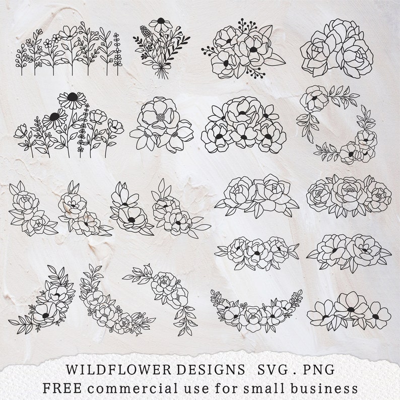 May include: A set of 16 black and white line art illustrations of wildflowers. The illustrations include bouquets, wreaths, and individual flowers. The text "WILD FLOWER DESIGNS SVG. PNG FREE commercial use for small business" is at the bottom of the image.