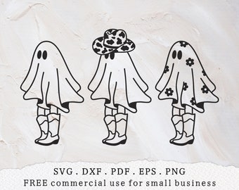 Svg fantôme de cow-boy, Halloween daisy ghost svg, svg fille fantôme, séjour effrayant svg, bottes de cowboy svg, chapeau de cowboy impression vache svg, svg floral fantôme