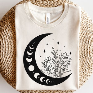 Lua floral svg, fase da lua svg, lua com flores svg, Boho celestial, lua e estrelas svg, flores silvestres svg, crescente svg, arte de linha esotérica