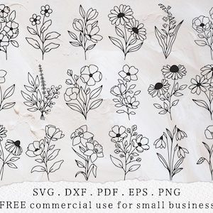 Pacote SVG de flores silvestres, clipart de flores margaridas, SVG botânico, arte de linha floral SVG, buquê de flores SVG, amante de plantas SVG, jardim de primavera SVG