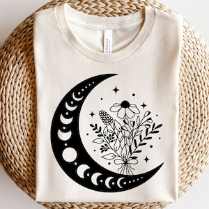 Lua floral svg, fase da lua svg, lua com flores svg, Boho celestial, lua e estrelas svg, flores silvestres svg, crescente svg, arte de linha esotérica