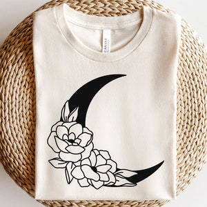 Floral moon svg, Moon with flowers svg, Boho celestial svg, Luna svg, Wildflower svg, Crescent moon svg, Moon phase svg, Esoteric line art