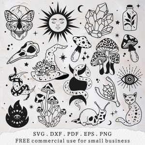 Pacote svg de bruxa mística, Cogumelo mágico svg, Halloween svg, Caveira e borboleta svg, Cristais svg, Cobra celestial svg, Bruxaria svg