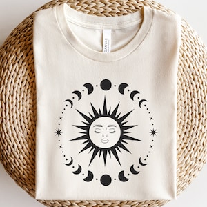 Soleil céleste et lune svg, svg phases de la lune, svg soleil vintage, croissant de lune svg, lune mystique et étoiles svg, svg sorcellerie, visage de soleil bohème