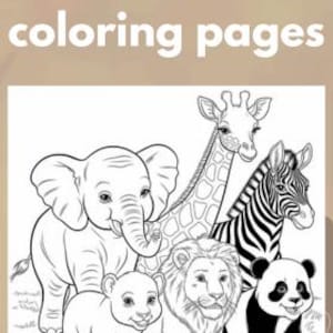 Puede incluir: Ilustración en blanco y negro de varios animales, incluyendo un elefante, una jirafa, una cebra, un león, un panda y un cachorro de león. El texto "Animals coloring pages" está en la parte superior de la imagen.