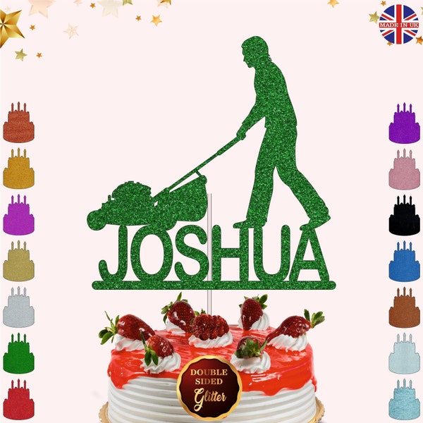 Personalised Mowing Cake Topper, Gardener Lawn Mower Birthday Glitter Cake Decoration With Any Name For Lawnmower Theme Party Supply