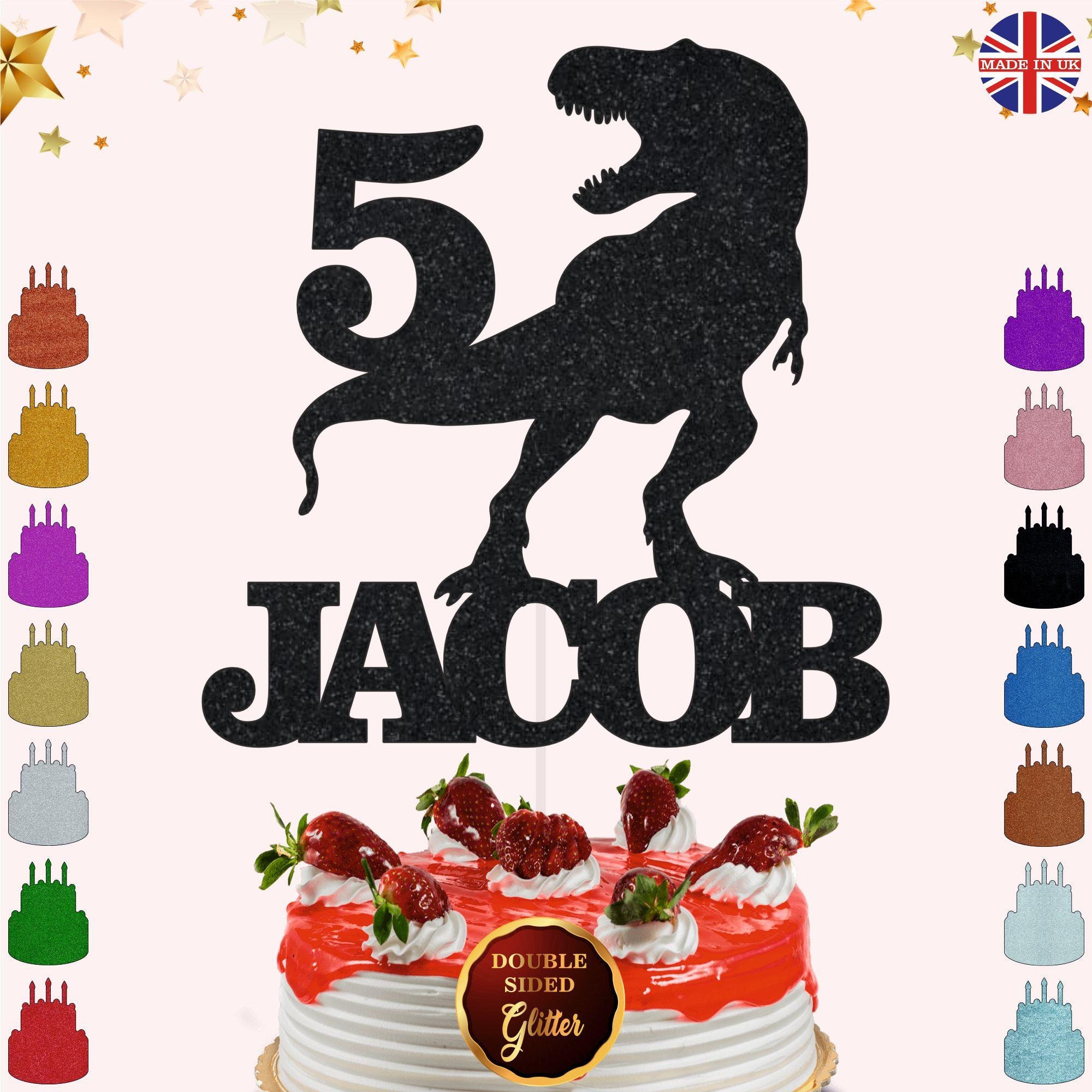 Personalized Dinosaur Cake Topper - Double Sided, Glitter Card, Ready To Use