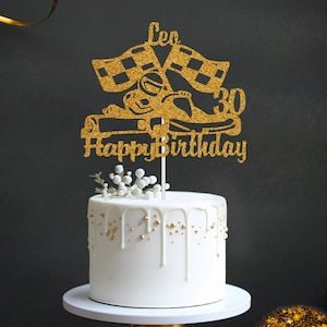 Race Car Racing Flags Personalised Custom Glitter Name Age Cake Topper Party Decoration Happy Birthday Cake Topper
